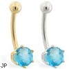 14K yellow gold belly button ring with 6-prong Aquamarine