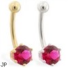 14K yellow gold belly button ring with 6-prong Ruby