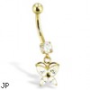 14K Yellow Gold Belly Button Ring With Dangling Butterfly