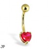 14K Yellow Gold Belly Button Ring With Pronged Red Heart