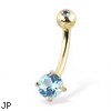 14K Yellow Gold Belly Button Ring With Round Stone And Jeweled Top Ball