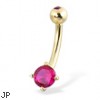 14K Yellow Gold Belly Button Ring With Round Stone And Jeweled Top Ball