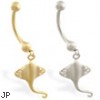 14K Yellow Gold belly ring with dangling CZ jeweled sting ray