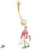 14K Yellow Gold belly ring with dangling enameled flamingo