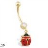 14K Yellow Gold belly ring with dangling enameled ladybug