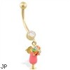 14K Yellow Gold belly ring with dangling enameled martini