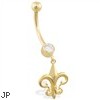 14K Yellow Gold belly ring with dangling Fleur-de-Lis charm