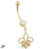 14K Yellow Gold belly ring with dangling Fleur-de-Lis charm