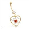 14K Yellow Gold belly ring with dangling heart charm and red glitter center