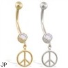 14K Yellow Gold belly ring with dangling peace sign