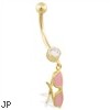 14K Yellow Gold belly ring with dangling pink enameled glasses