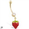 14K Yellow Gold belly ring with dangling strawberry