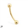 14K yellow gold curved barbell with clear CZ jeweled balls, 16 ga