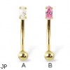 14K yellow gold curved barbell with oval shaped gem, 16 ga
