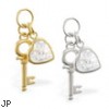 14K Yellow Gold CZ jeweled heart and key pendant