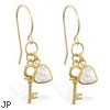 14K Yellow Gold earrings with dangling key and CZ jeweled heart, 20 ga
