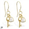 14K Yellow Gold earrings with dangling key and CZ jeweled heart, 20 ga