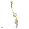 14K Yellow Gold jeweled belly ring with dangling ballet shoe pendant