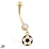 14K Yellow Gold jeweled belly ring with dangling enameled soccer ball charm