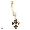 14K Yellow Gold jeweled belly ring with dangling Fleur-de-Lis Charm