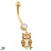 14K Yellow Gold jeweled belly ring with dangling Owl Charm