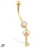 14K Yellow Gold jeweled belly ring with dangling two-toned heart key