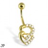 14K Yellow Gold Navel Ring With Two Jeweled Hearts