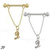 14K Yellow Gold nipple ring with dangling cursive initial Q, 14 ga