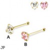 14K Yellow Gold Nose Bone with Heart-Shaped Cubic Zirconia, 22 Ga