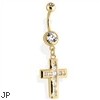 14Kt Gold Tone Navel Ring With Multi Paved CZ Cross