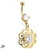 14Kt Golde Plated Flower Navel Ring with Single CZ Stone In Center