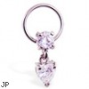316L Surgical Steel Jeweled Captive Bead Ring W/Clear Gem Heart Dangle