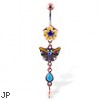 Antique looking belly button ring with flower and dangling butterfly and stones