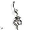 Belly button ring hematite Cobra with Green CZ eyes Dangle