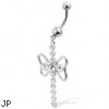 Belly button ring with a dangle, butterfly shape, and jeweled top ball