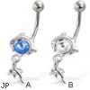 Belly button ring with big gem and two dolphins