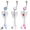 Belly button ring with dangling butterfly and two gems on chains