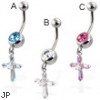 Belly button ring with dangling jeweled cross