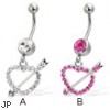 Belly button ring with dangling jeweled heart and arrow