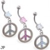 Belly button ring with dangling jeweled peace sign