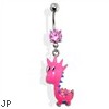 Belly button ring with dangling pink dinosaur