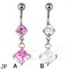 Belly button ring with dangling square gem