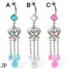 Belly button ring with heart and three teardrop gems on chains