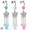 Belly button ring with heart and three teardrop gems on chains