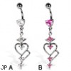 Belly button ring with heart-shaped stone and dangle