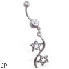 Belly button ring with jeweled double star dangle