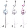 Belly button ring with jeweled round charm and two dangles