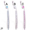 Belly button ring with long jeweled dangle and two chains