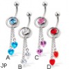 Belly button ring with ring and two dangling heart-shaped stones