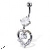 Belly button ring with round gem and dangling jeweled heart